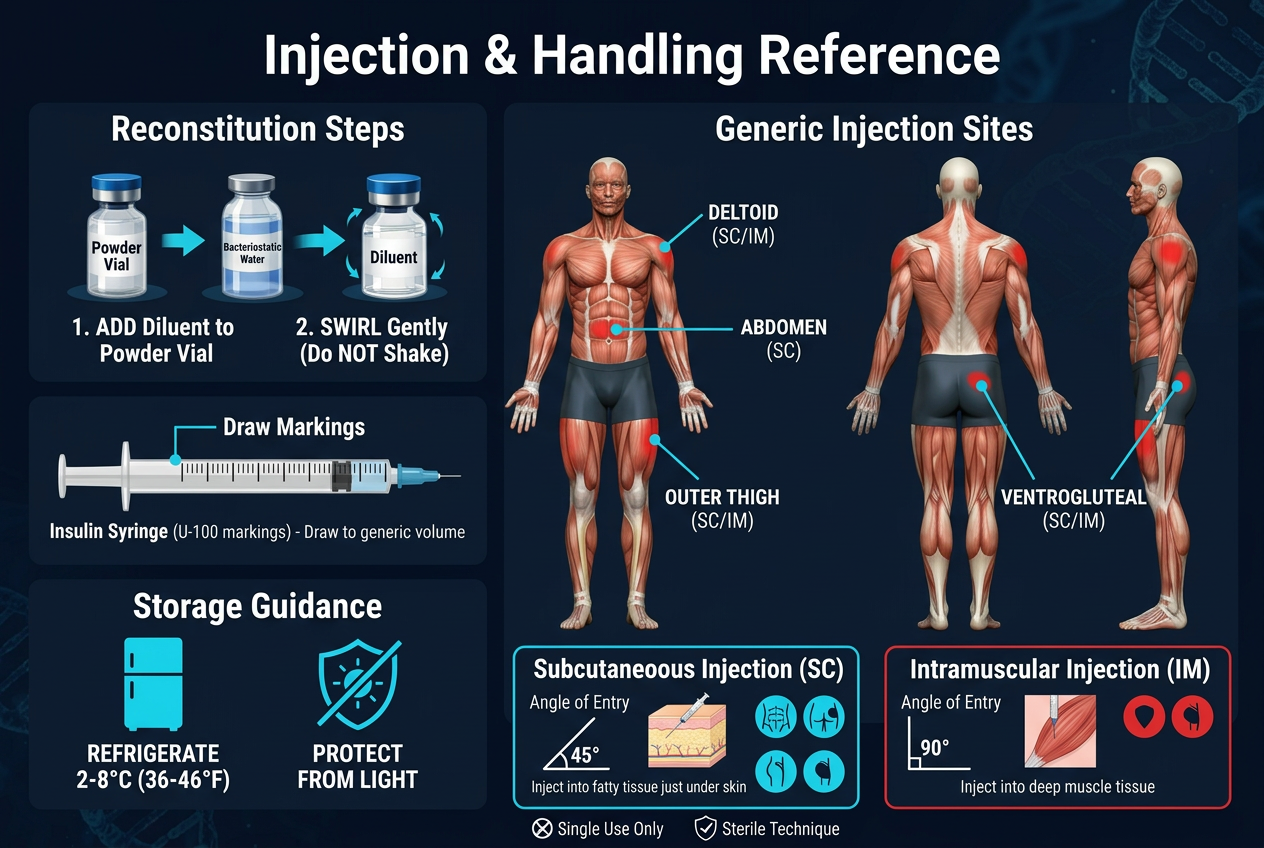 Combined reference chart: reconstitution with bacteriostatic water, insulin-syringe draw markings, refrigerated storage guidance, and anatomical figures from multiple angles labeling commonly referenced subcutaneous and intramuscular areas — deltoid, abdomen, outer thigh and ventrogluteal